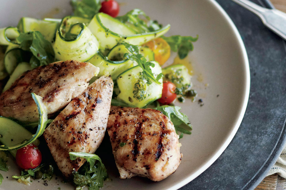 Curtis Stone | Grilled Chicken with Arugula and Zucchini Salad with  Lemon-Caper Vinaigrette